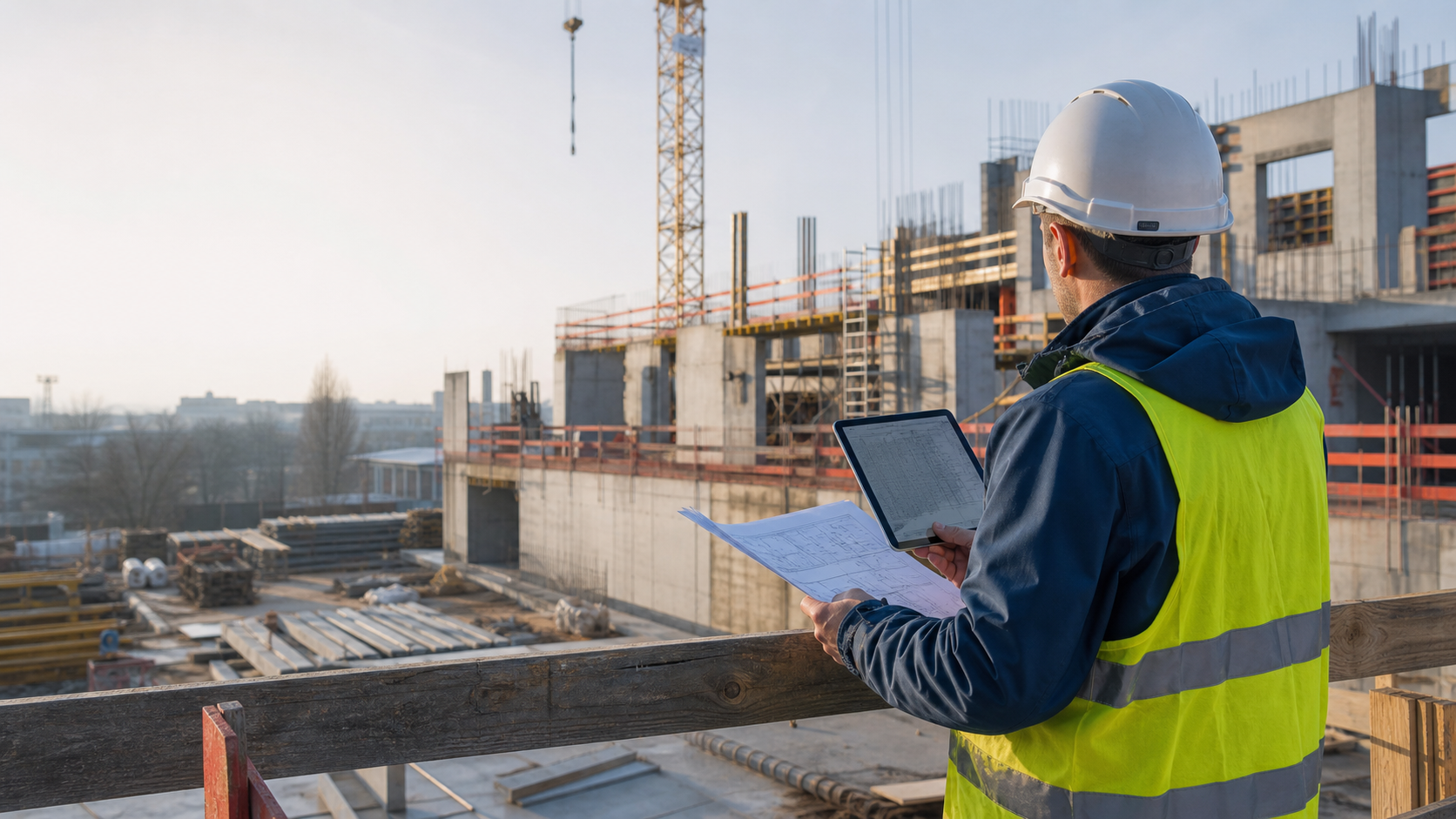 Bauingenieur dokumentiert den Baufortschritt mit Tablet und Ausführungsplan.