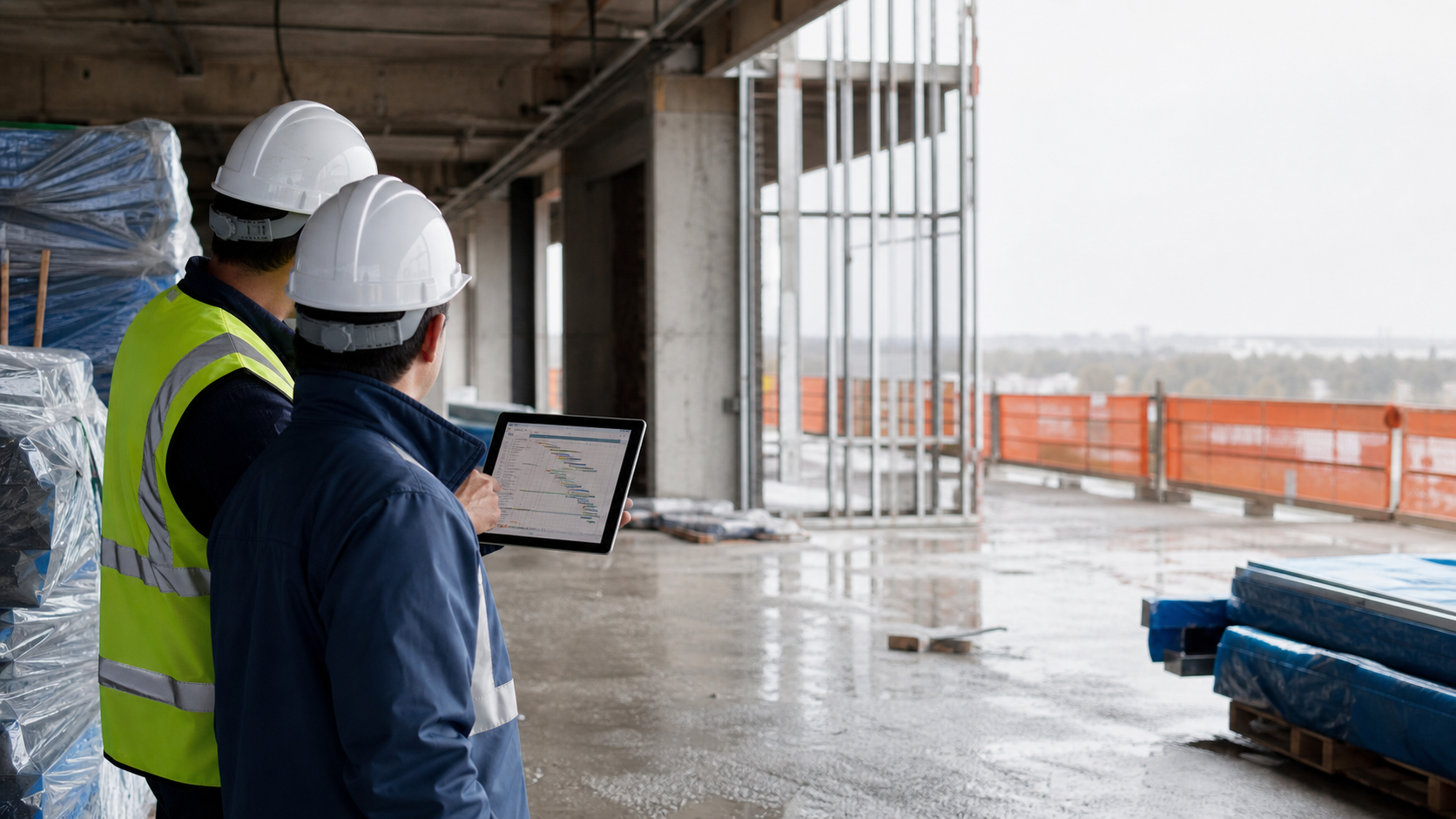 Bauleitung vergleicht Bauzeitenplan und tatsächlichen Baufortschritt auf der Baustelle.