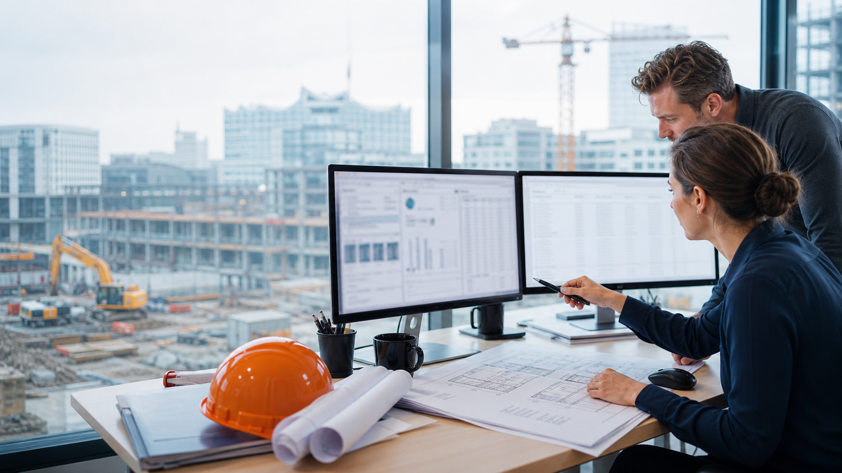 Vergabefachkraft und Ingenieur prüfen digitale Ausschreibungs- und Projektdaten.