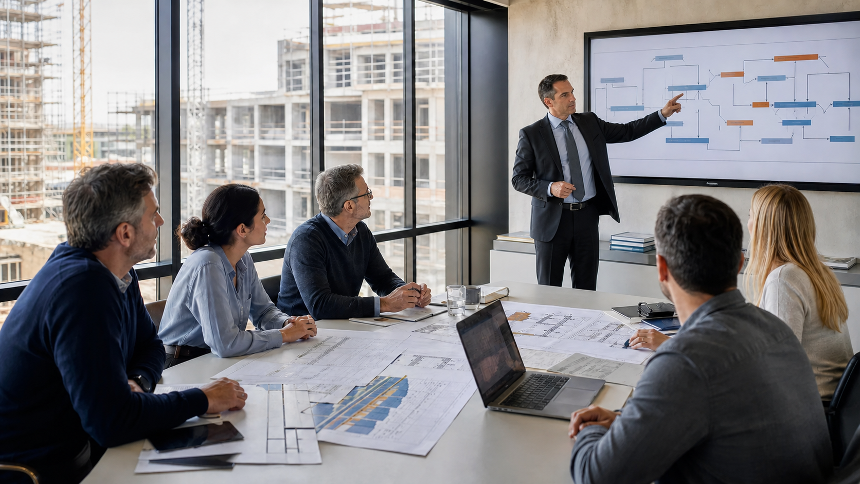 Dozent Tobias Gußmann erläutert Bauleitern, Ingenieuren und Projektmanagern einen strukturierten Bauablauf