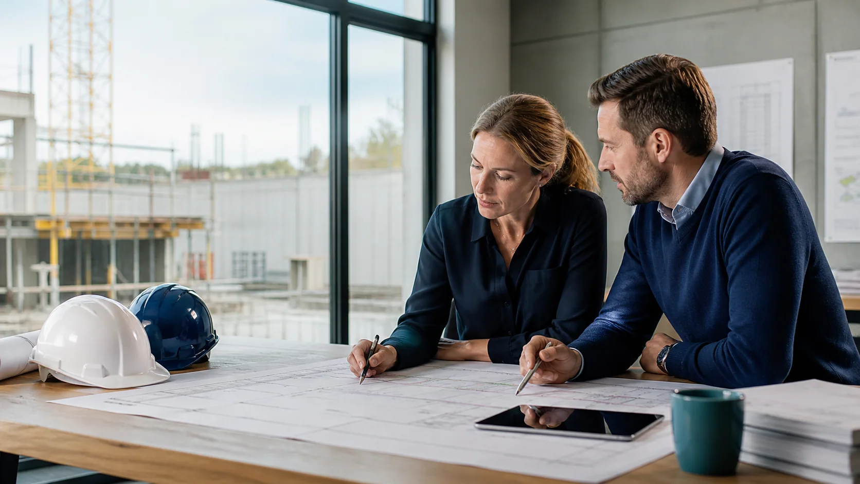 Bauingenieurin und Projektmanager prüfen gemeinsam Baupläne