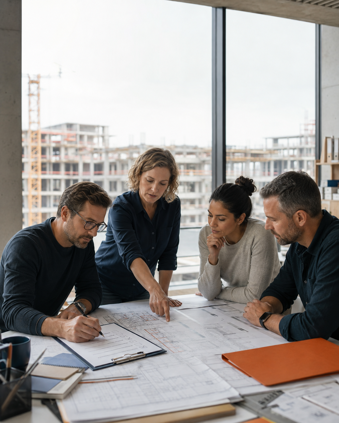 Vier Bauprojektverantwortliche besprechen in einem modernen Planungsbüro Baupläne und eine Checkliste. Das Motiv steht für klare Entscheidungen, Zuständigkeiten, Termine und Nachweise in Baubesprechungen.
